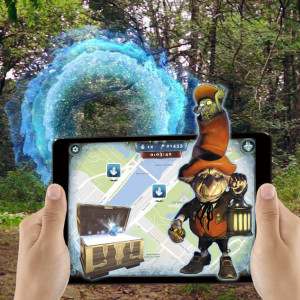 Illustration de l'escape game en extérieur, armé d'une tablette : le portail magique.