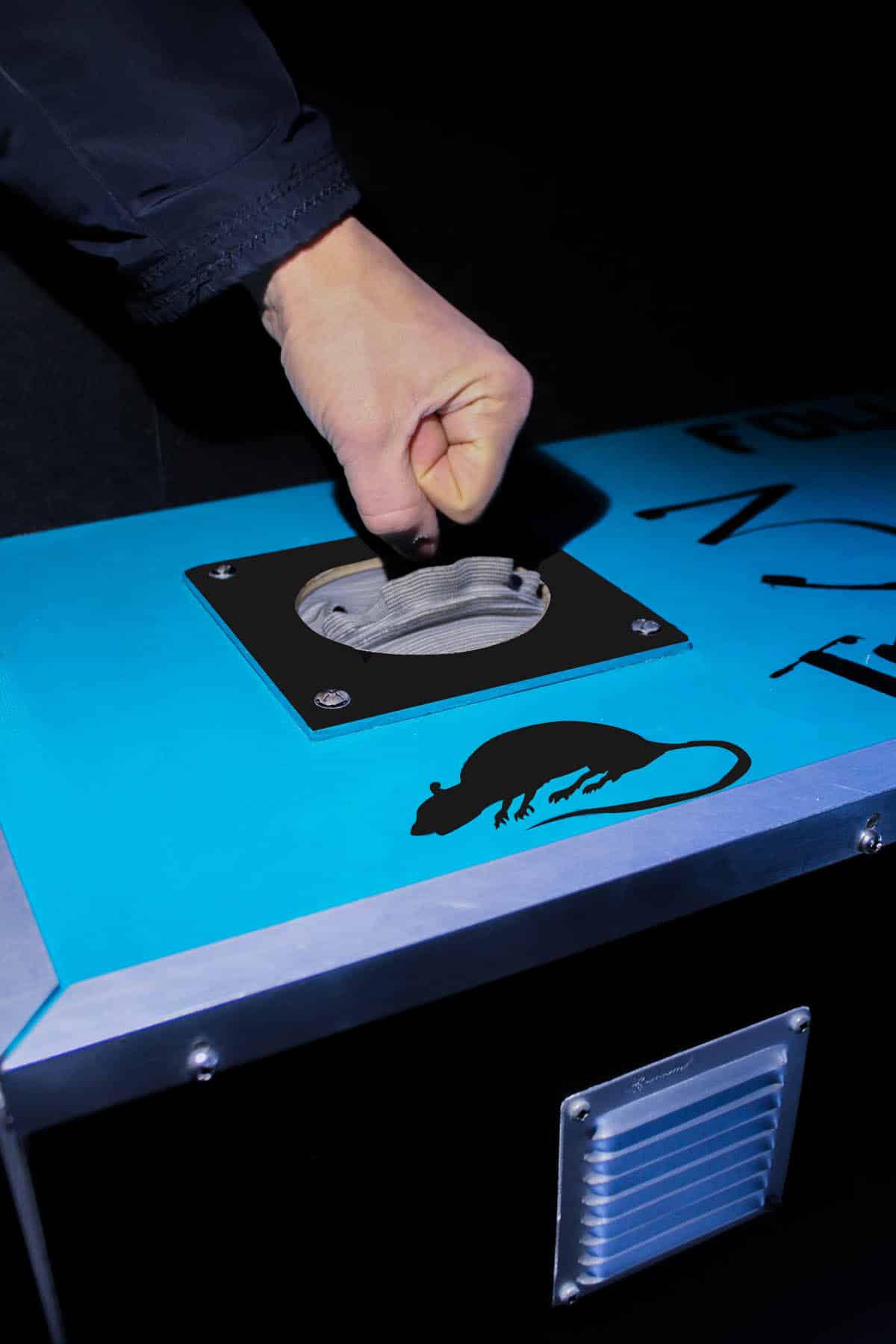 Une personne s'apprête à plonger sa main dans un boîte avec une signalisation "Danger rats"